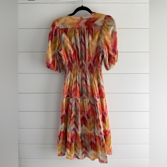 ba&sh Multicolor Tiered Midi Dress in Coral, Yellow & Cream, Size S - Picture 3 of 8